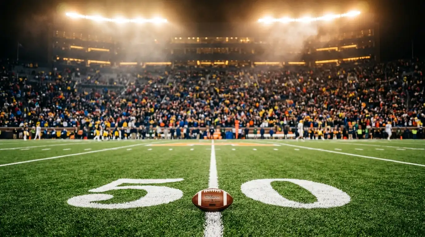 Campo de fútbol americano universitario con líneas de yardas y estadio al fondo